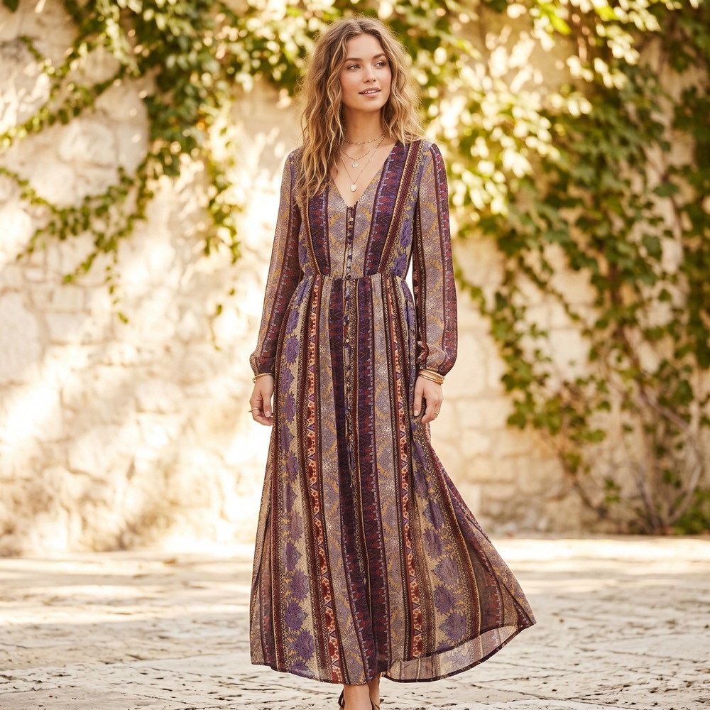 Xhilaration Boho Abstract Romantic Maxi Dress Flowyβ Whimsigoth Festival Sheer L